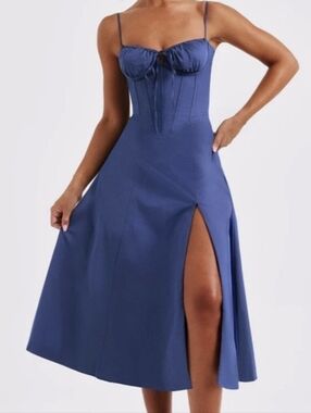Sculpted Bust Blue Midi Dress with Thigh Slit